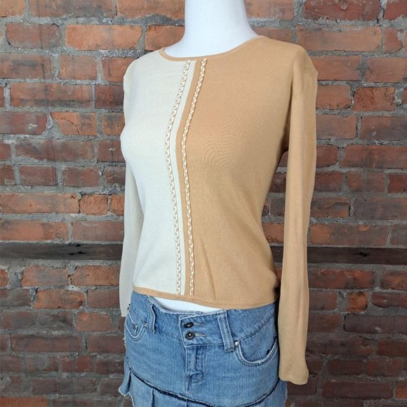 VTG Pullover Sweater Tan Ivory Color Block Rope Trim 3/4 Sleeves Lightwt Sz S - Picture 3 of 6